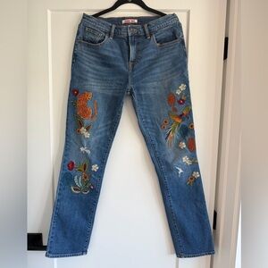 Johnny Was Blue Denim Jeans with Multicolor Embroidery & Design